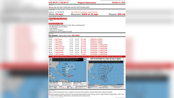 This graphic provides information on Tropical Storm Jerry on Oct. 9, 2025.
