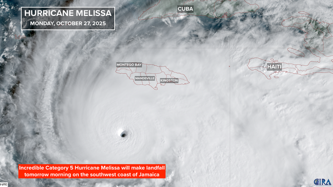 This satellite image shows Hurricane Melissa on Monday, Oct. 27, 2025.