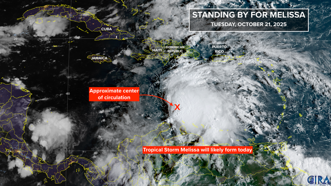 This satellite image shows Invest 98L in the Caribbean on Oct. 21, 2025.