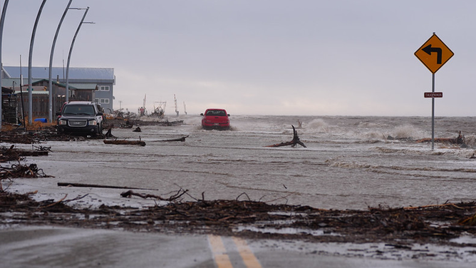 Flooding photos in Western Alaskas taken by Alaska DOT&PF crews on Oct. 9, 2025 after the first round of coastal flooding.