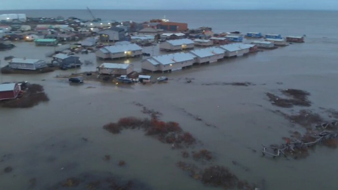Flooding photos in Western Alaskas taken by Alaska DOT&PF crews on Oct. 9, 2025 after the first round of coastal flooding.