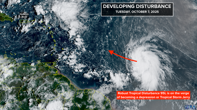 This satellite image shows Invest 95L, which will likely become Tropical Depression Ten or Tropical Storm Jerry, on Oct. 7, 2025.