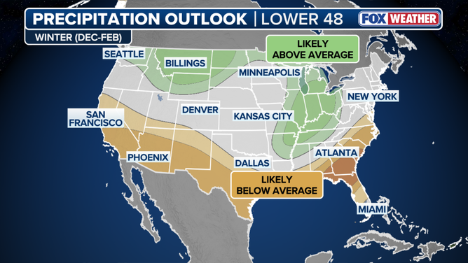 NOAA's seasonal precipitation outlook for December 2025- February 2026.