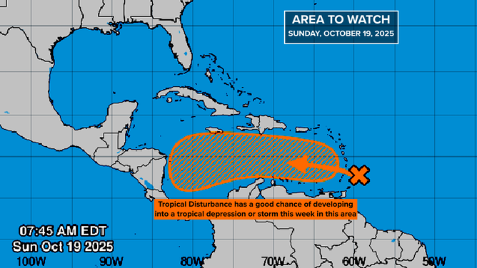 This graphic shows information on Invest 98L on Oct. 19, 2025.