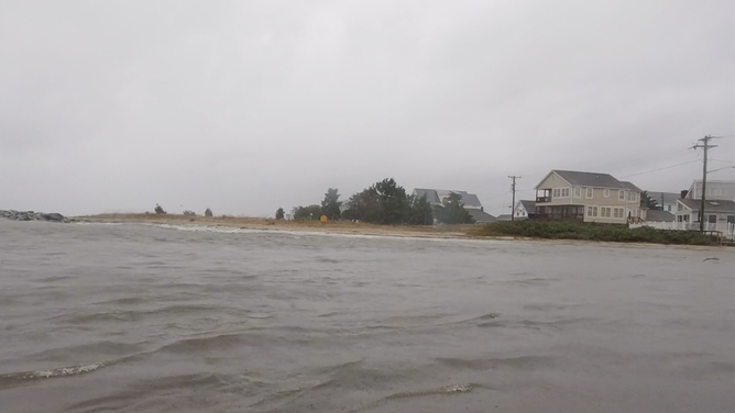 Flooding from high tide on Bowers Beach, Delaware, on Oct. 12, 2025.