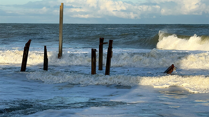 This image from FOX Weather Meteorologist Robert Ray shows the aftermath after at least nine homes collapsed into the Atlantic in Buxton, North Carolina.