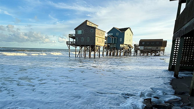 This image from FOX Weather Meteorologist Robert Ray shows the aftermath after at least nine homes collapsed into the Atlantic in Buxton, North Carolina.