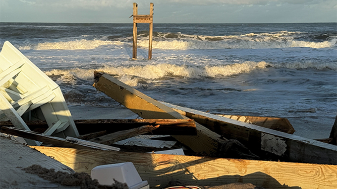 This image from FOX Weather Meteorologist Robert Ray shows the aftermath after at least nine homes collapsed into the Atlantic in Buxton, North Carolina.