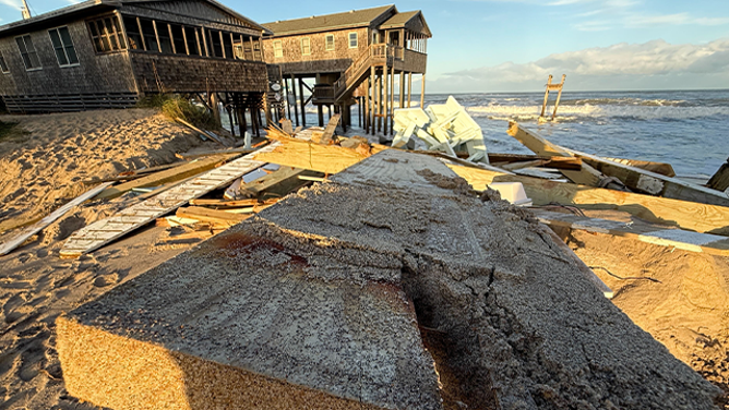 This image from FOX Weather Meteorologist Robert Ray shows the aftermath after at least nine homes collapsed into the Atlantic in Buxton, North Carolina.