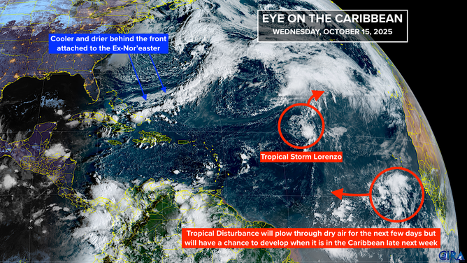 This satellite image provides an overview of the tropical Atlantic Basin on Oct. 15, 2025.