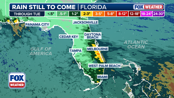 This graphic shows the forecast rain totals in Florida through Tuesday, Oct. 7, 2025.