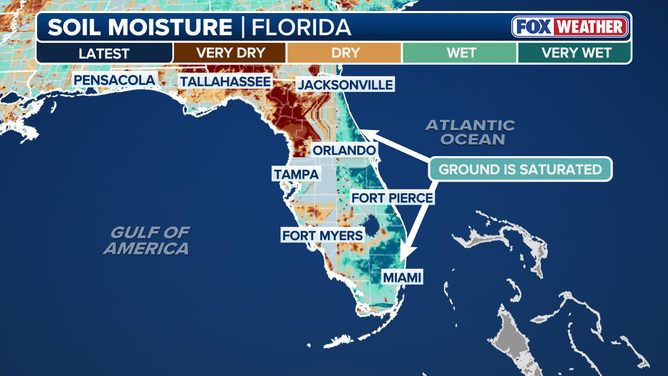 A graphic showing Florida's current soil moisture differences on the east and west coast.