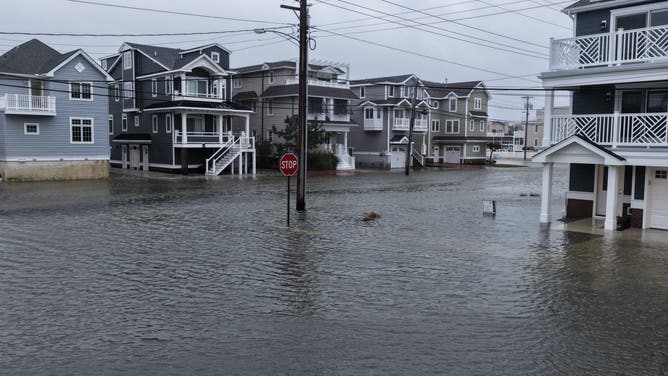AVALON, NEW JERSEY - OCTOBER 12: A powerful nor'easter brings coastal flooding to the Jersey Shore on Sunday afternoon, with high tide sending water over docks and into streets in Avalon, New Jersey, United States on October 12, 2025. Strong winds and heavy surf caused dangerous conditions along the coast as officials urged residents to avoid flooded areas. (Photo by Lokman Vural Elibol/Anadolu via Getty Images)