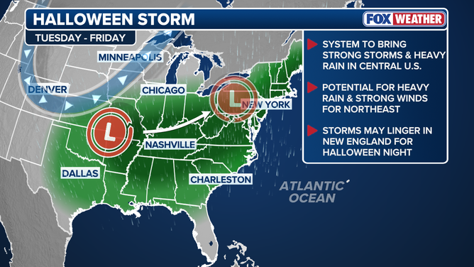 This graphic shows a storm system that will move east across the U.S. this week, dampening early Halloween festivities.