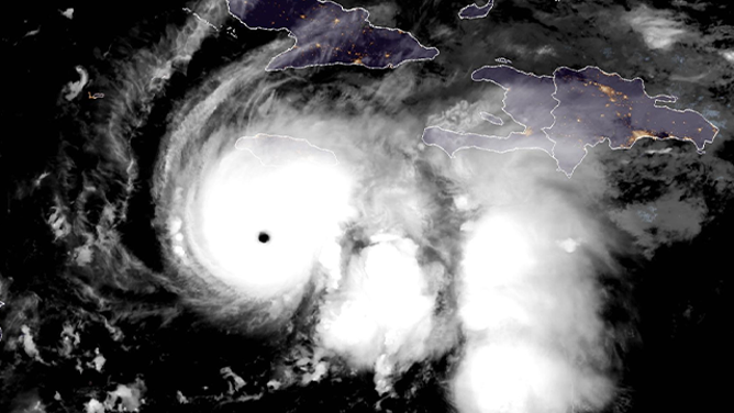 This satellite image shows Hurricane Melissa just south of Jamaica on the morning of Oct. 27, 2025.