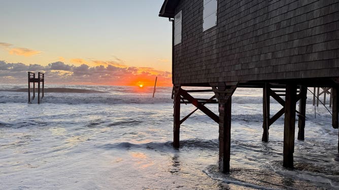 This image from FOX Weather Correspondent Robert Ray shows large waves crashing onshore in Buxton, North Carolina, where numerous homes have fallen into the Atlantic over the past few weeks.
