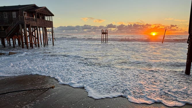 This image from FOX Weather Correspondent Robert Ray shows large waves crashing onshore in Buxton, North Carolina, where numerous homes have fallen into the Atlantic over the past few weeks.