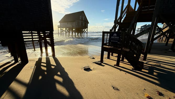 This image from FOX Weather Correspondent Robert Ray shows large waves crashing onshore in Buxton, North Carolina, where numerous homes have fallen into the Atlantic over the past few weeks.