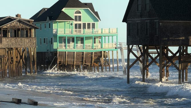 This image from FOX Weather Correspondent Robert Ray shows large waves crashing onshore in Buxton, North Carolina, where numerous homes have fallen into the Atlantic over the past few weeks.