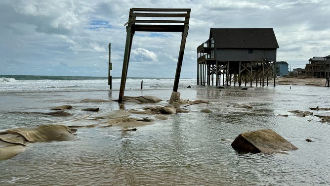 This image from FOX Weather Correspondent Robert Ray shows large waves crashing onshore in Buxton, North Carolina, where numerous homes have fallen into the Atlantic over the past few weeks.