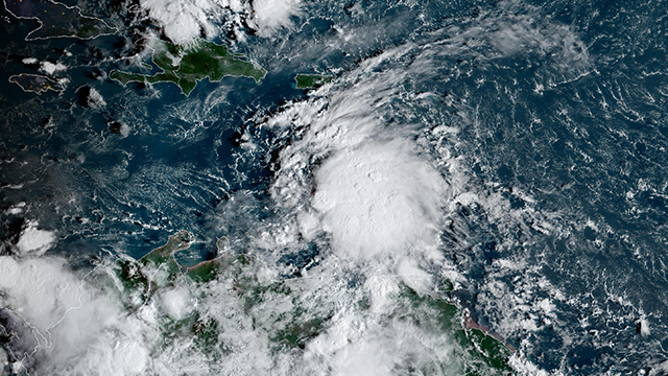 This satellite image shows Invest 98L in the Caribbean on Oct. 20, 2025.