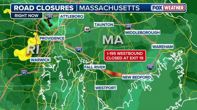 This graphic shows information on a road closure in Massachusetts after a plane crashed onto a highway during a nor'easter on Oct. 13, 2025.
