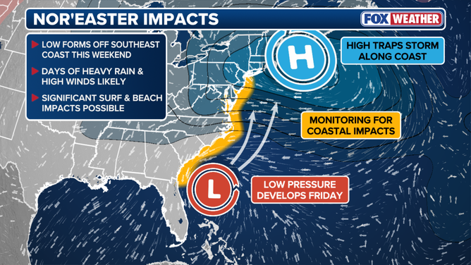 An overview of the forecast for a possible nor'easter this weekend as of Oct. 6, 2025.