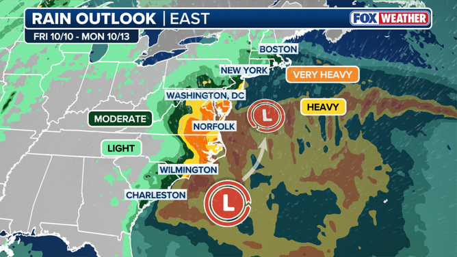 The rainfall forecast from a possible weekend nor'easter as of Oct. 6, 2025.