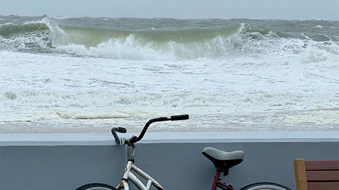 A massive wave is seen crashing onshore in Ocean City, Maryland, on Oct. 12, 2025.