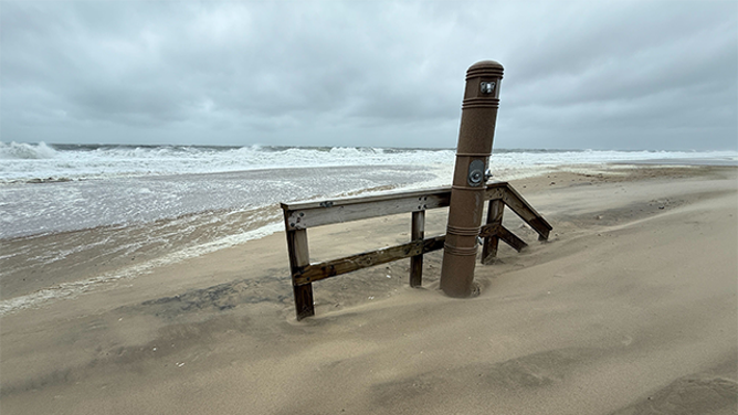 This photo shows the beach in Ocean City, Maryland, during a nor'easter on Oct. 12, 2025.