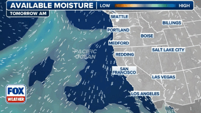 A graphic showing rounds of atmospheric moisture surging into the Northwest.