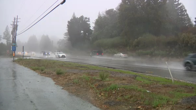 Heavy rain seen on Highway 17 in the Santa Cruz Mountains. Caltrans temporarily shut down parts of Highway 1 for crews to clear debris
