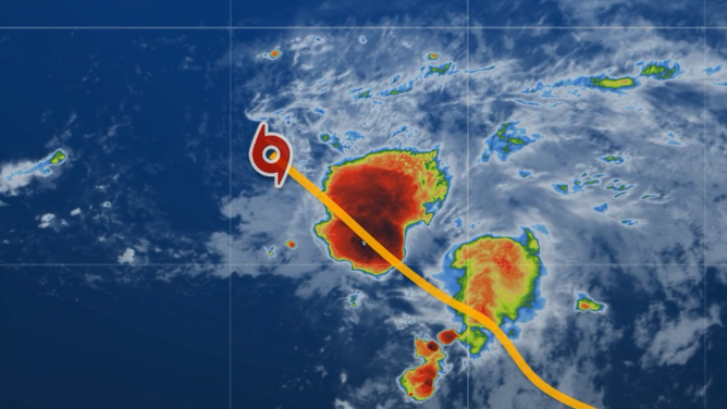 Satellite image of Tropical Storm Lorenzo at 5 a.m. ET on Oct. 14, 2025.