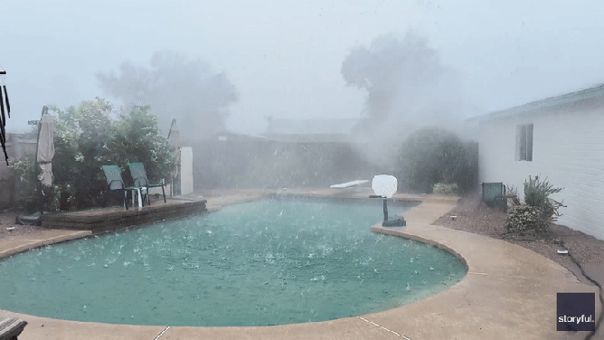 This animated image shows a powerful storm tearing through a backyard in Tempe, Arizona, on Oct. 13, 2025.