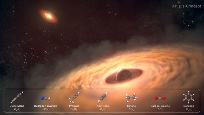 An artistic rendering of a dust and gas disk encircling the young exoplanet, CT Cha b, 625 light-years from Earth. Spectroscopic data from NASA’s James Webb Space Telescope suggests the disk contains the raw materials for moon formation. The planet appears at lower right, while its host star and surrounding circumstellar disk are visible in the background.