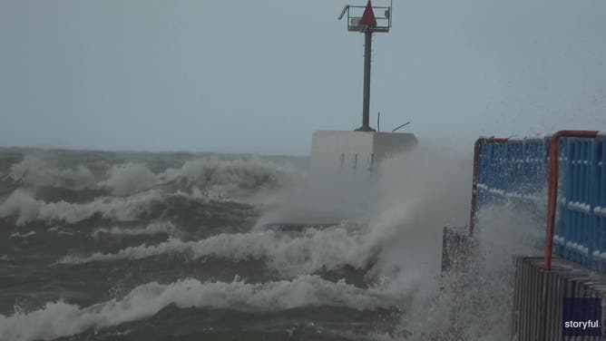 Waves crash ashore in St. Joseph, Michigan