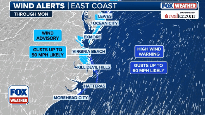 This graphic shows wind alerts in effect along the East Coast through Monday.