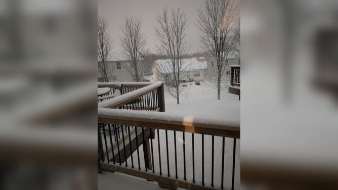 A snow-covered back porch in O'Fallon, MO during a major winter storm on Nov. 29, 2025.