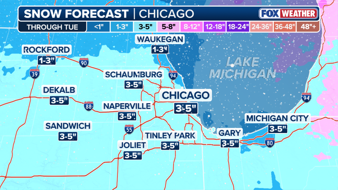 Chicago snow forecast through Tuesday