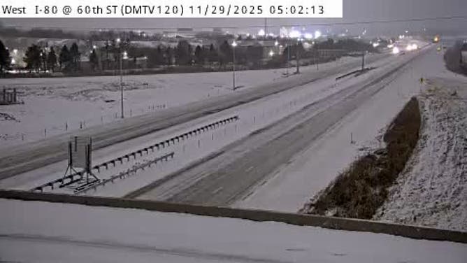 Interstate 80 is fully covered in snow in Des Moines on Saturday morning at 5 a.m. local time. 