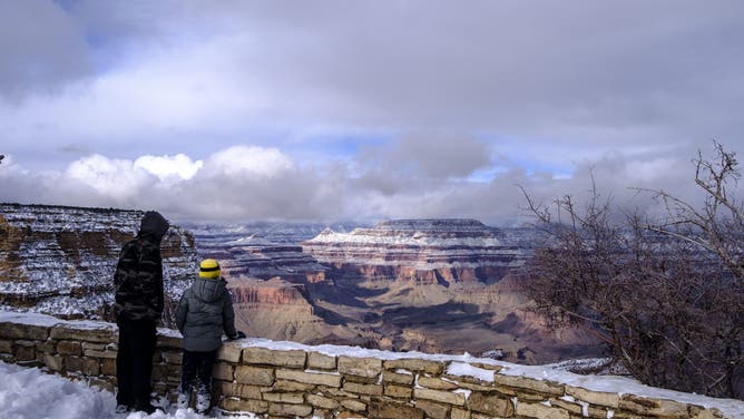 THE GRAND CANYON, ARIZONA, UNITED STATES - 2024/01/08: A father and son look out over The Grand Canyon from it's southern rim following a snow storm that left 3 or more inches of snow throughout the park and shut down roads around it. 