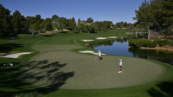 LAS VEGAS, NEVADA - APRIL 06: Lauren Coughlin of the United States lines up a putt on the fourth green during the Semifinal on Day Five of the T-Mobile Match Play presented by MGM Rewards 2025 at Shadow Creek Golf Course on April 06, 2025 in Las Vegas, Nevada.