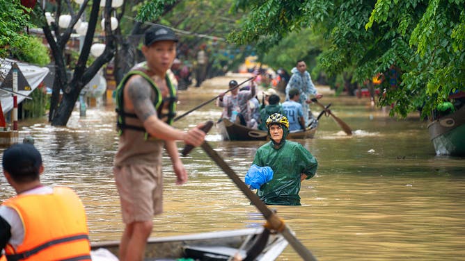 HOI AN, VIETNAM - OCTOBER 30: Part of the tourist city of Hoi An, particularly its Old Town, is closed due to major flooding as seen in Hoi An, Vietnam, October 30, 2025. Another wave of torrential rains severely impacts Vietnam, this time hitting its central region, bringing widespread destruction in the worst flooding seen since the 1960s.