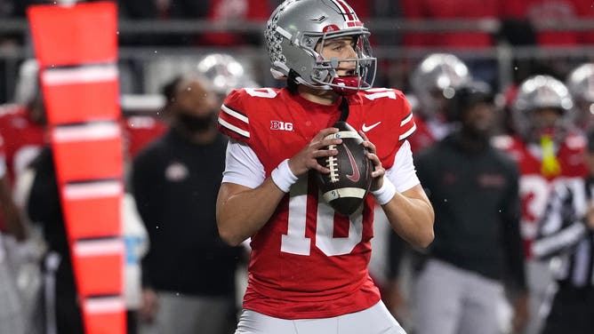 COLUMBUS, OHIO - NOVEMBER 15: Quarterback Julian Sayin #10 of the Ohio State Buckeyes seen in action during the game against the UCLA Bruins at Ohio Stadium on November 15, 2025 in Columbus, Ohio.