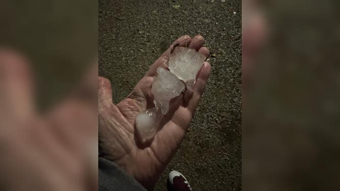 Golf ball-sized hail in Cleveland, Oklahoma retrieved during severe storms overnight Thursday.