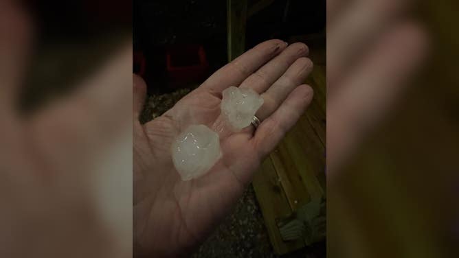 Golf ball-sized hail in Cleveland, Oklahoma retrieved during severe storms overnight Thursday.