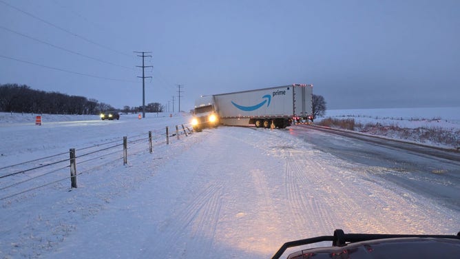 Jackknifed semitruck Wednesday morning on Interstate 94 neat Moorhead, Minnesota.