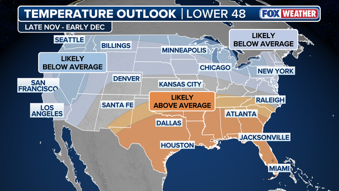 NOAA's Climate Prediction Center expects below average temperatures to return to the northern half of the country beginning in Late November.