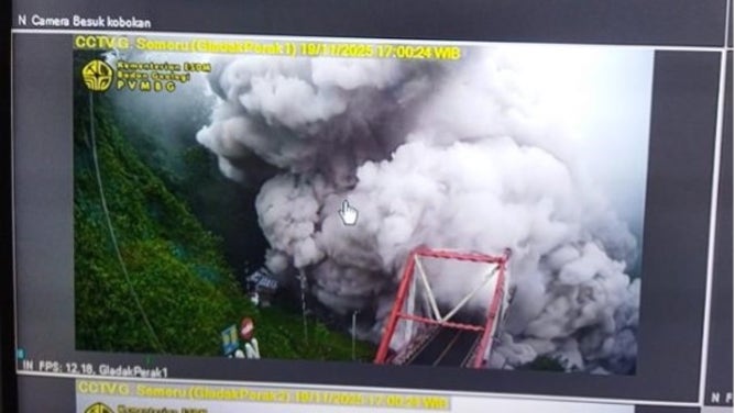 Screenshot from Indonesian officials of volcanic ash surrounding infrastructure near Mount Semeru.