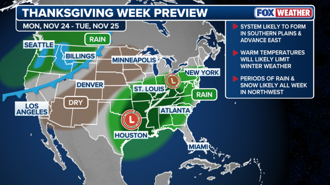 This graphic shows the long-range forecast for Monday, Nov. 24 and Tuesday, Nov. 25, 2025.